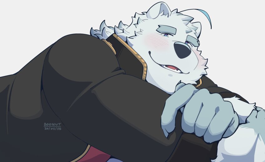 1boy, animal_ears, artist_name, bara, bear, bear_boy, bear_ears, blush