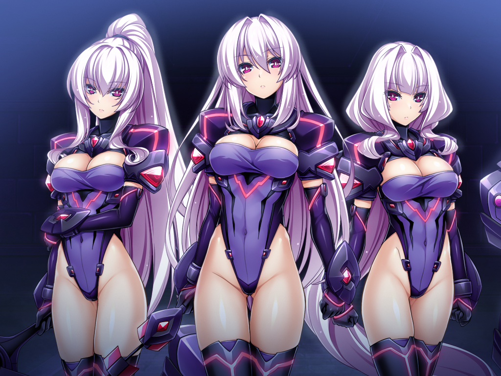 3girls, armor, azarin_(exs-tia), black_gloves, breasts, cleavage, cleavage_cutout, closed_mouth, clothing_cutout, covered_navel, cowboy_shot, elbow_gloves, expressionless, exs-slave, exs-slave_alpha, exs-slave_beta, exs-slave_gamma, game_cg, gloves, gluteal_fold, groin, hair_between_eyes, hair_intakes, high_ponytail, highleg, highleg_leotard, holding, holding_weapon, inoino, katsuragi_marina, kouyoku_senki_exs-tia, large_breasts, leotard, long_hair, looking_at_viewer, multiple_girls, non-web_source, official_art, pauldrons, ponytail, purple_eyes, purple_leotard, rieszverne_suzette_paladill, self-datamine, shoulder_armor, standing, sword, thigh_gap, thighhighs, turtleneck, variant_set, very_long_hair, weapon, white_hair