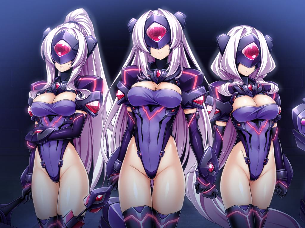 3girls, android, armor, azarin_(exs-tia), black_gloves, breasts, cleavage, cleavage_cutout