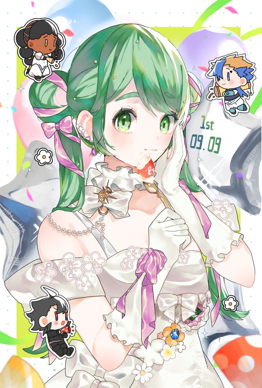 2boys, 2girls, balloon, bare_shoulders, bow, chibi, closed_mouth, desscaras