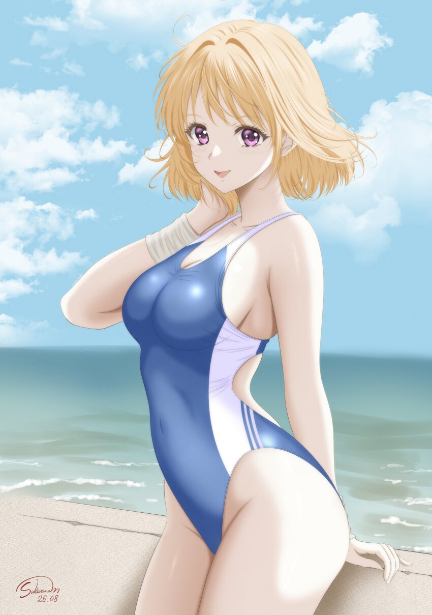 1girl, absurdres, blonde_hair, blue_one-piece_swimsuit, breasts, cleavage, cloud, cloudy_sky