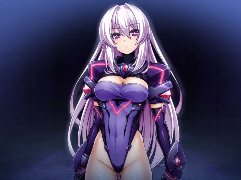 1girl, armor, arms_at_sides, black_gloves, bracer, breasts, bright_pupils, cleavage