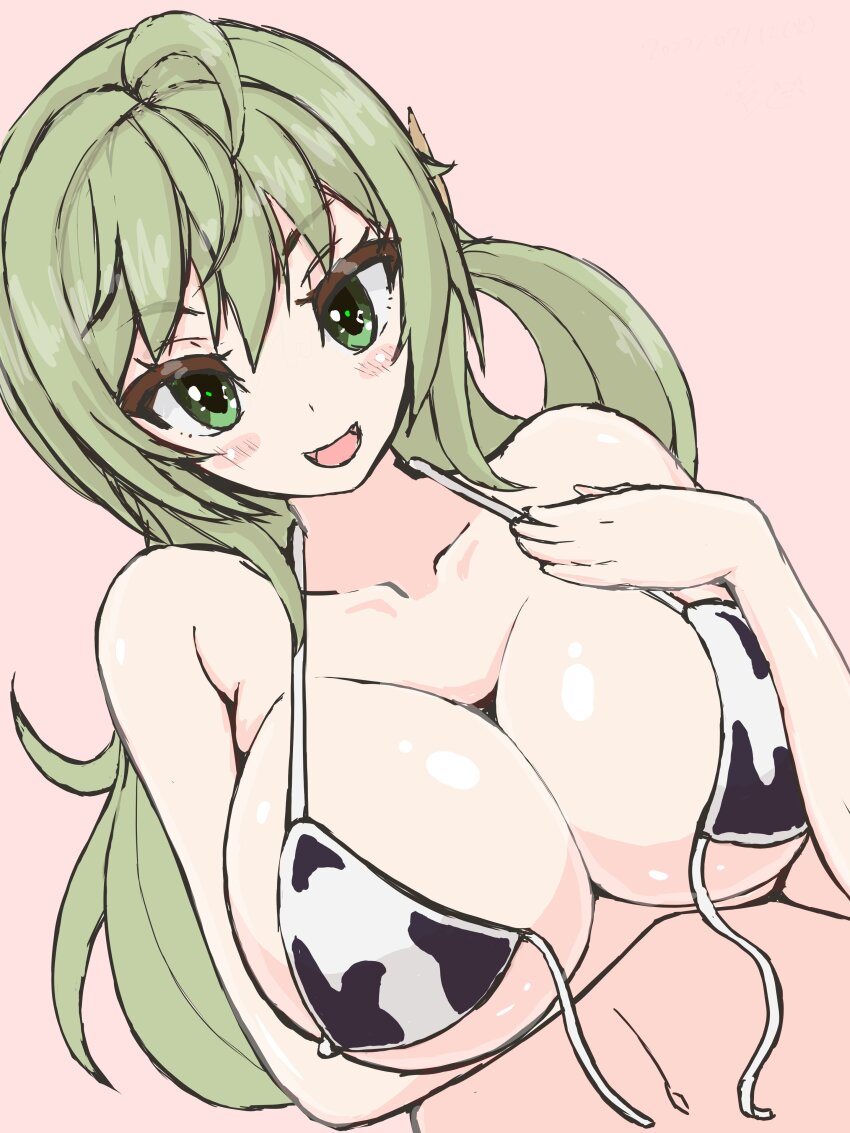 1girl, absurdres, ahoge, animal_print, bad_id, bad_twitter_id, bikini, blush, breasts, charlotte_barhitte_(grimms_notes), charlotte_barhitte_(tenku)_(grimms_notes), cleavage, collarbone, cow_print, cow_print_bikini, green_eyes, green_hair, grimms_notes, hand_on_own_chest, highres, huge_breasts, husima, long_hair, looking_at_viewer, low_twintails, navel, open_mouth, print_bikini, smile, solo, swimsuit, twintails, untied_bikini_top, upper_body, white_bikini