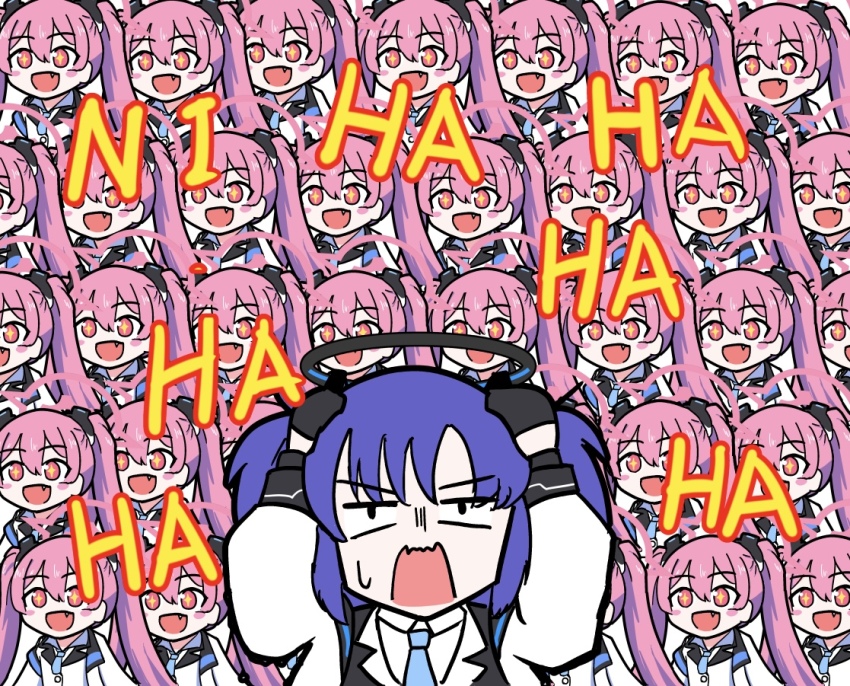 +_+, 2girls, black_halo, blue_archive, blue_archive_2025_hack, blue_necktie, clone, covering_own_ears