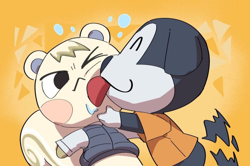 >_o, 2boys, :<, :3, ^_^, animal_crossing, black_vest, blonde_hair