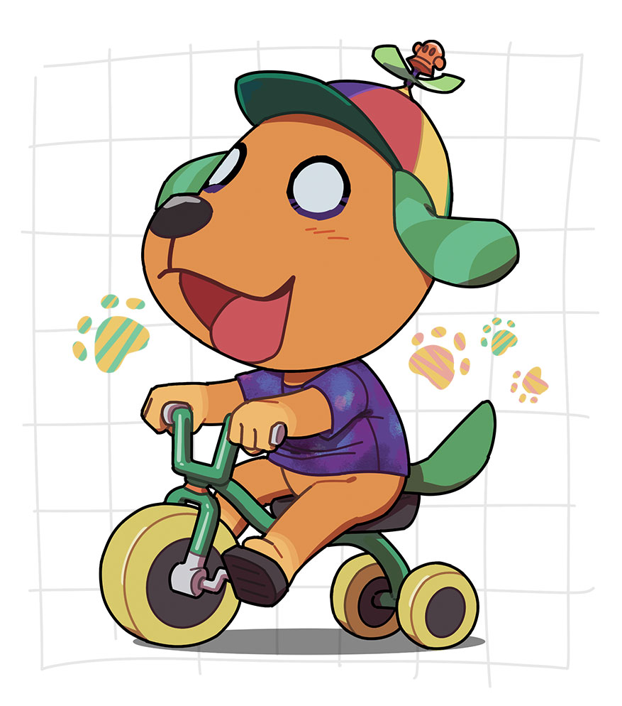 1boy, animal_crossing, biskit_(animal_crossing), blank_eyes, blue_shirt, blush, commentary_request, crew_neck