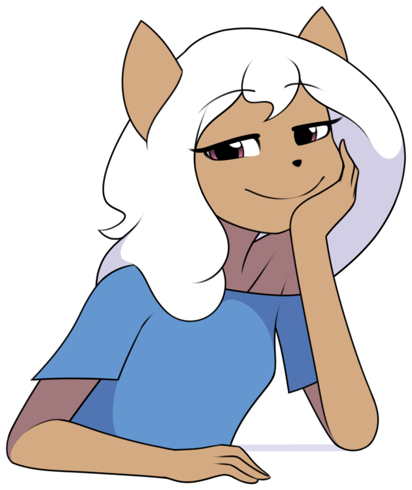 1girl, animal_ears, animal_nose, bare_shoulders, breasts, brown_fur, collarbone, eris_(furrgroup), furrgroup, furry, furry_female, hand_on_own_cheek, hand_on_own_face, highres, long_hair, looking_at_viewer, mink_(animal), off-shoulder_shirt, off_shoulder, original, pink_eyes, shirt, simple_background, small_breasts, smile, smug, toned, toned_female, toon_(style), white_background, white_hair