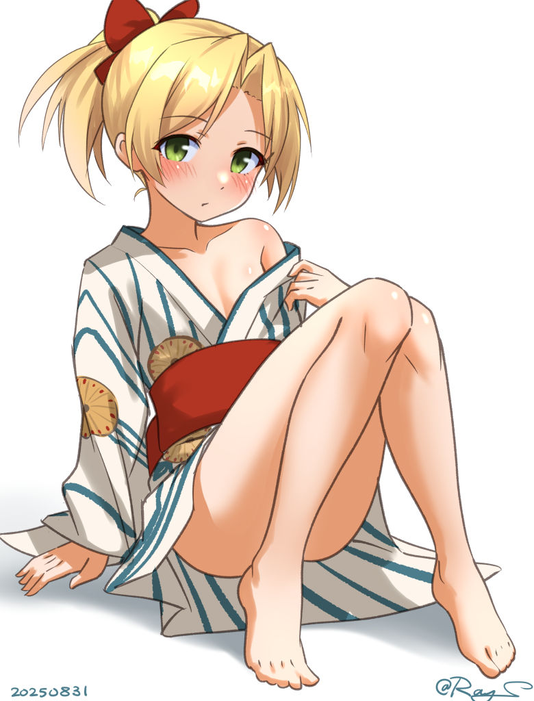 1girl, barefoot, blonde_hair, green_eyes, japanese_clothes, kantai_collection, kimono, kimono_partially_removed, looking_at_viewer, maikaze_(kancolle), maikaze_(yukata)_(kancolle), official_alternate_costume, one-hour_drawing_challenge, parted_bangs, ray.s, short_hair, simple_background, solo, striped_clothes, striped_kimono, white_background, white_kimono, yukata