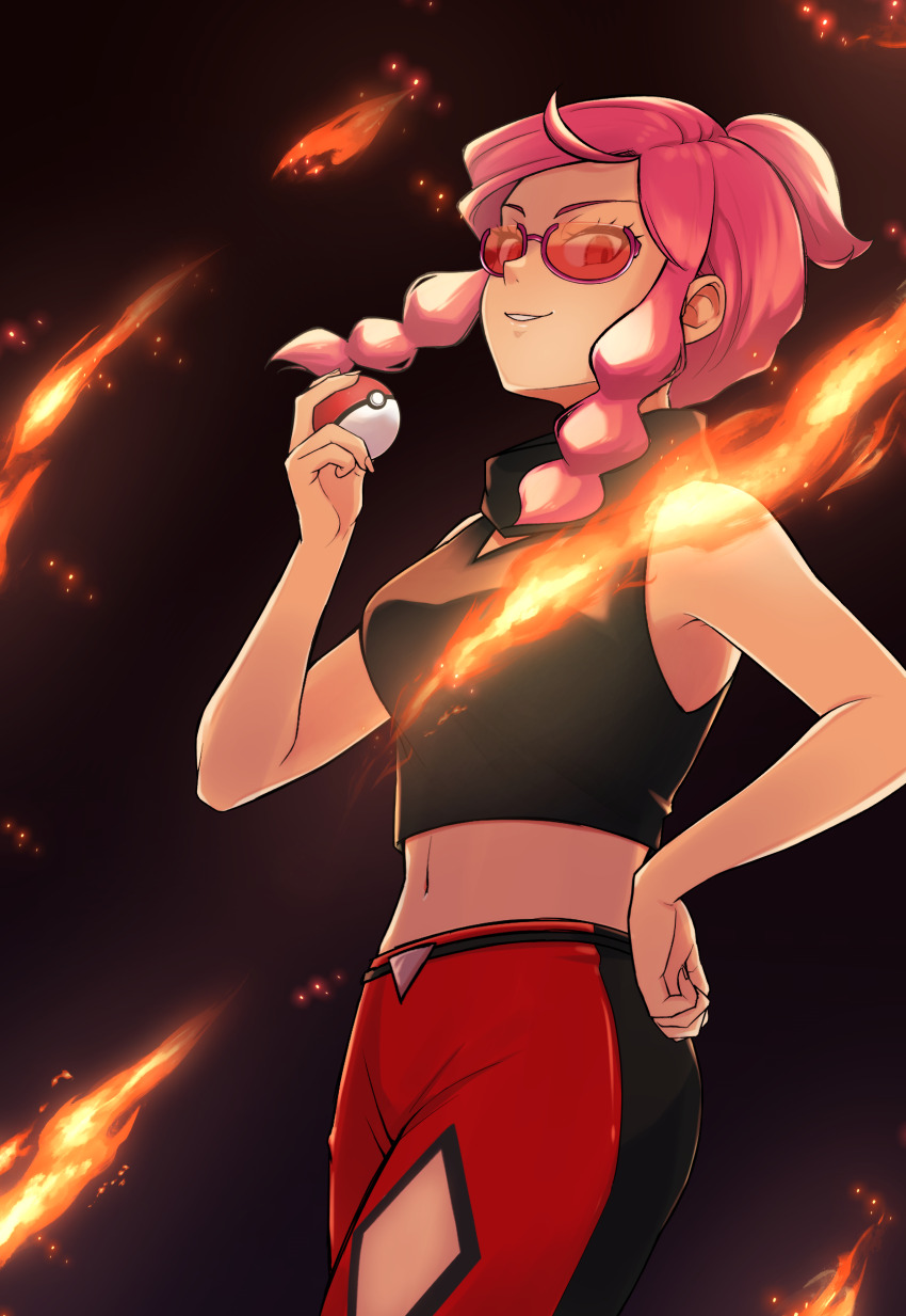 1girl, absurdres, breasts, commentary_request, cropped_shirt, diamond_cutout, eyelashes, fire, hand_on_hilt, hand_up, highres, holding, holding_poke_ball, malva_(pokemon), medium_breasts, navel, nintendo, pants, pink_hair, poke_ball, poke_ball_(basic), pokemon, pokemon_x_and_y, sakazaki_genji, shirt, sidelocks, sleeveless, sleeveless_shirt, smile, solo, sunglasses, team_flare
