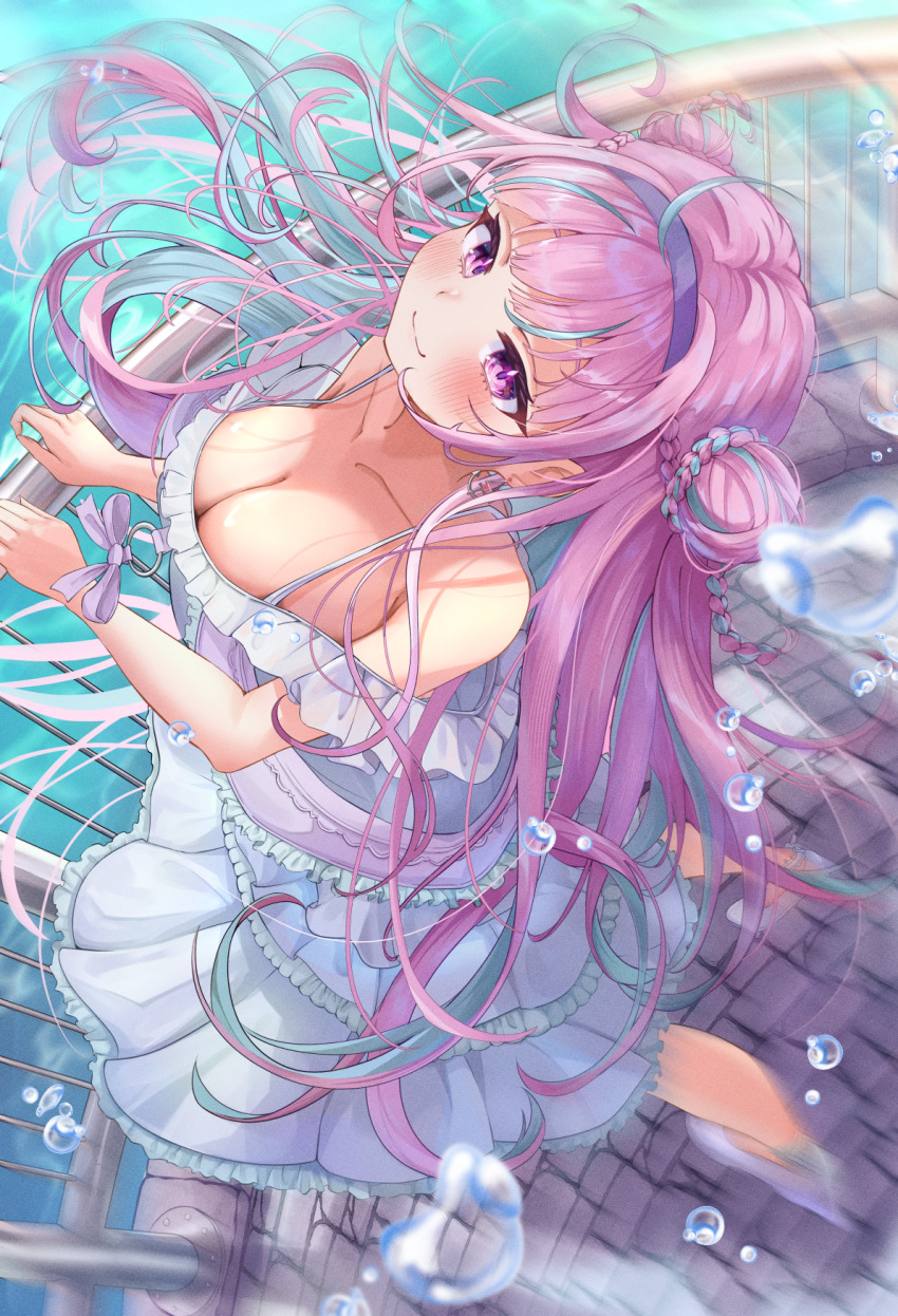 1girl, anchor_earrings, aqua_hair, bare_shoulders, blush, braid, breasts, cleavage, closed_mouth, collarbone, double_bun, dress, earrings, fence, frilled_dress, frills, from_above, hair_bun, hairband, highres, hololive, jewelry, large_breasts, long_hair, minato_aqua, multicolored_hair, pink_eyes, pink_hair, pink_ribbon, ponzakuro0116, purple_hairband, ribbon, sleeveless, sleeveless_dress, smile, solo, streaked_hair, two-tone_hair, virtual_youtuber, water, water_drop, white_dress