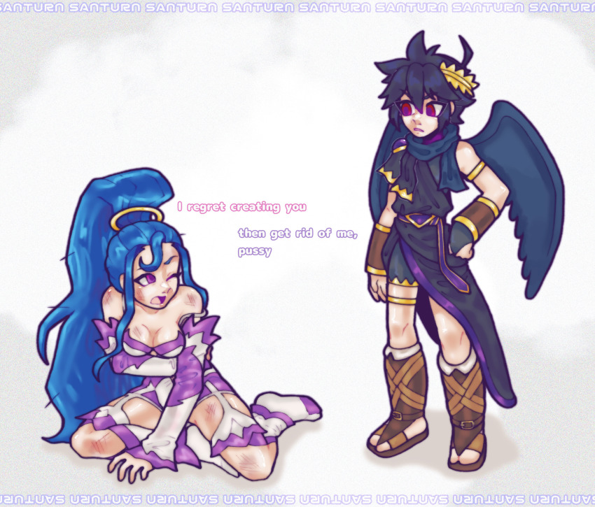 1boy, 1girl, ahoge, amazon_pandora, angel, angel_wings, bike_shorts, black_hair