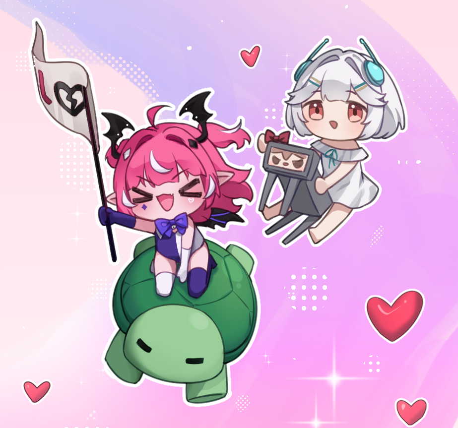 >_<, 2girls, =_=, ahoge, aqua_ribbon, asymmetrical_gloves, bell_bow, bow, camila_(vtuber), chibi, chinese_commentary, closed_eyes, commentary_request, demon_girl, diamond_(shape), diamond_facial_mark, dress, elbow_gloves, ellie_minibot, facial_mark, fang, flag, gloves, hair_intakes, hair_ornament, hairclip, head_wings, headset, heart, heart_facial_mark, holding, holding_flag, indie_virtual_youtuber, kneeling, leotard, mismatched_gloves, mismatched_thighhighs, multicolored_hair, multicolored_leotard, multiple_girls, neck_ribbon, neuro-sama, neuro-sama_(dog), open_mouth, outline, pink_hair, pointy_ears, purple_bow, red_bow, red_eyes, ribbon, riding, riding_animal, riding_turtle, robot, short_hair, short_twintails, single_wing, sitting, skin_fang, smile, split-color_clothes, streaked_hair, tanoki233, turtle, twintails, two-tone_leotard, vedal987, vedal_ai, virtual_youtuber, white_dress, white_hair, white_outline, wings