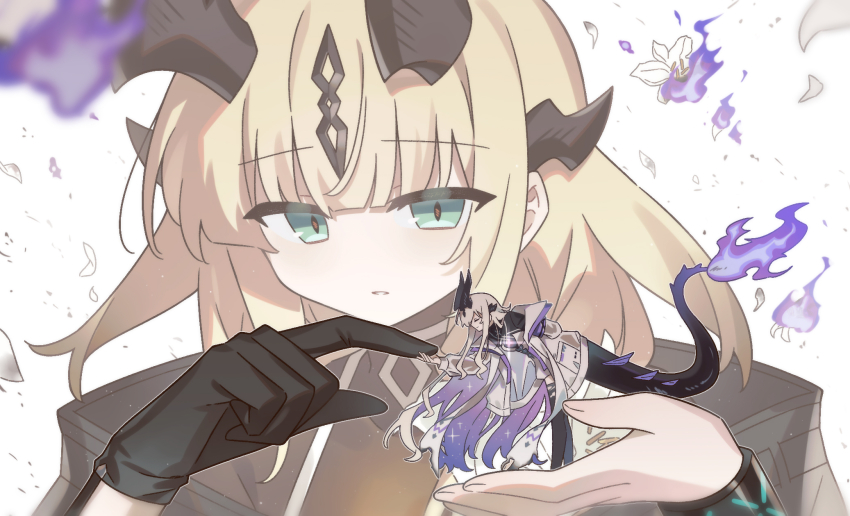 2girls, arknights, black_gloves, black_horns, blonde_hair, bowing, closed_eyes, dragon_girl