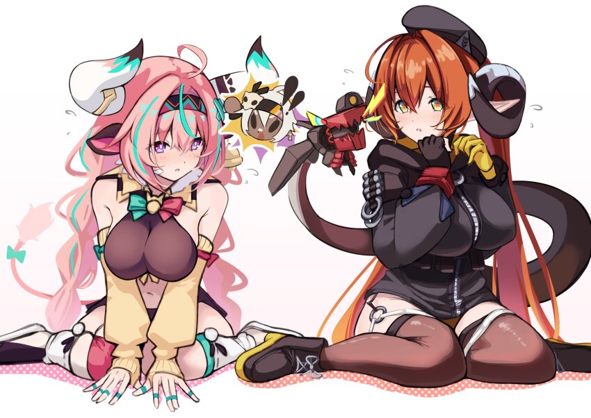 absurdres, ahoge, animal_ears, asymmetrical_gloves, braid, breasts, calamy, cow_ears, cow_horns, curled_horns, detached_sleeves, ear_bell, genshin_impact, gloves, green_eyes, hairband, highres, horns, iansan_(genshin_impact), large_breasts, long_hair, magus_(zenless_zone_zero), midriff, mismatched_gloves, navel, orange_hair, orphie_magnusson, pink_hair, pointy_ears, purple_eyes, scolding, sitting, thighhighs, twin_braids, varesa_(genshin_impact), wariza, zenless_zone_zero