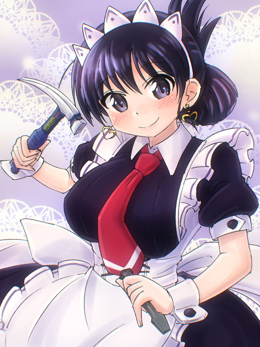apron, arato_nagi, black_dress, black_hair, breasts, chisel, closed_mouth, collared_dress