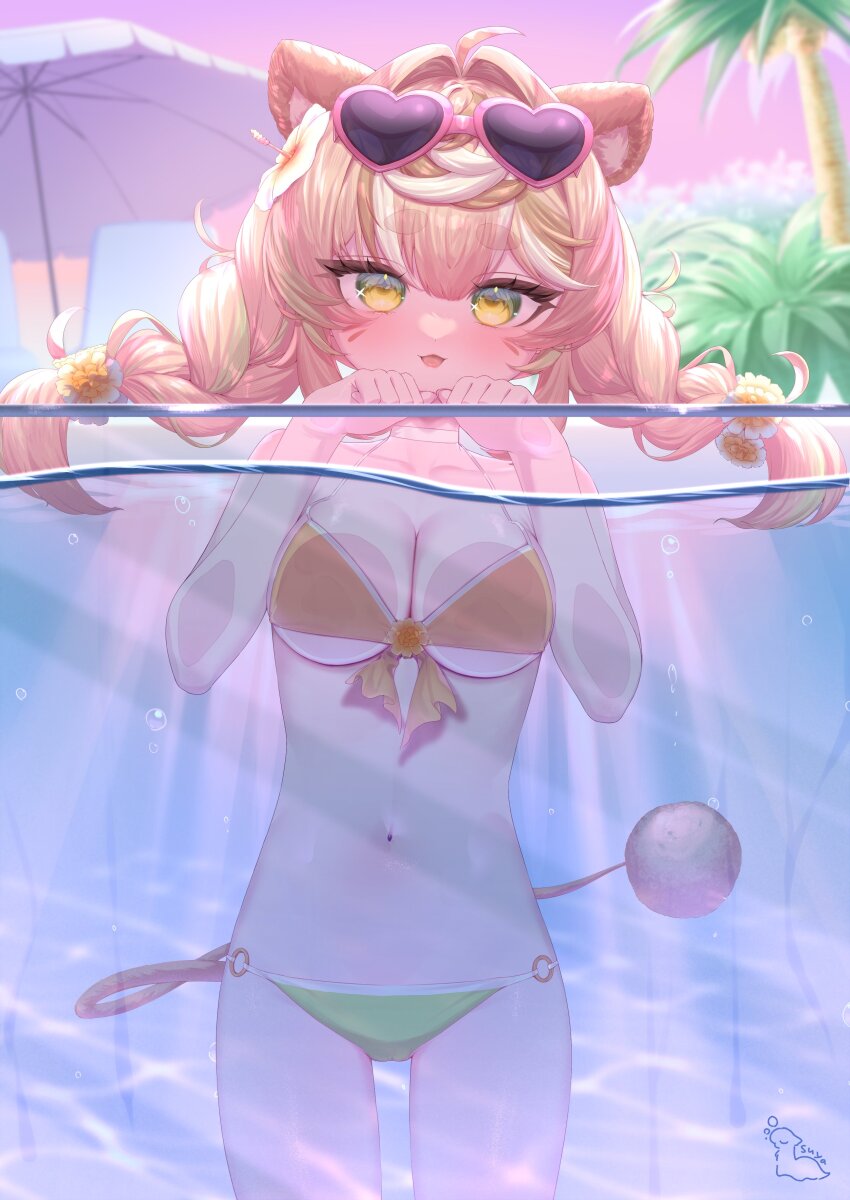 1girl, absurdres, against_glass, animal_ears, beach_umbrella, bikini, blonde_hair, braid