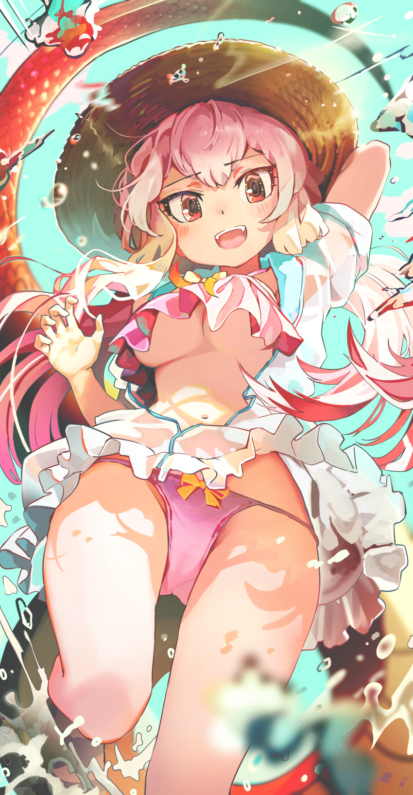 1girl, :d, absurdres, arm_up, bare_arms, bare_legs, blush, breasts