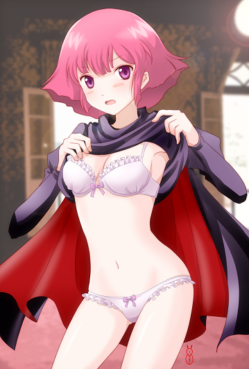 1girl, bad_id, bad_pixiv_id, blush, bra, breasts, cape, cleavage