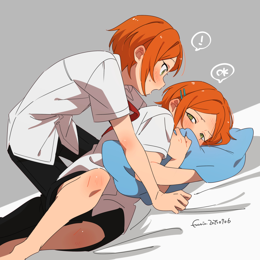 !, 2boys, absurdres, aoi_hinata, aoi_yuta, black_pants, blush, boy_on_top, brothers, dutch_angle, embarrassed, ensemble_stars!, fuurin_(sior_fr), green_eyes, grey_background, hair_ornament, hairclip, highres, hugging_object, incest, looking_at_another, male_focus, multiple_boys, necktie, on_bed, orange_hair, pants, parallel_hairclips, parted_bangs, pillow, pillow_hug, red_necktie, shirt, short_hair, short_shorts, short_sleeves, shorts, siblings, simple_background, spoken_exclamation_mark, twincest, twins, white_shirt, yaoi