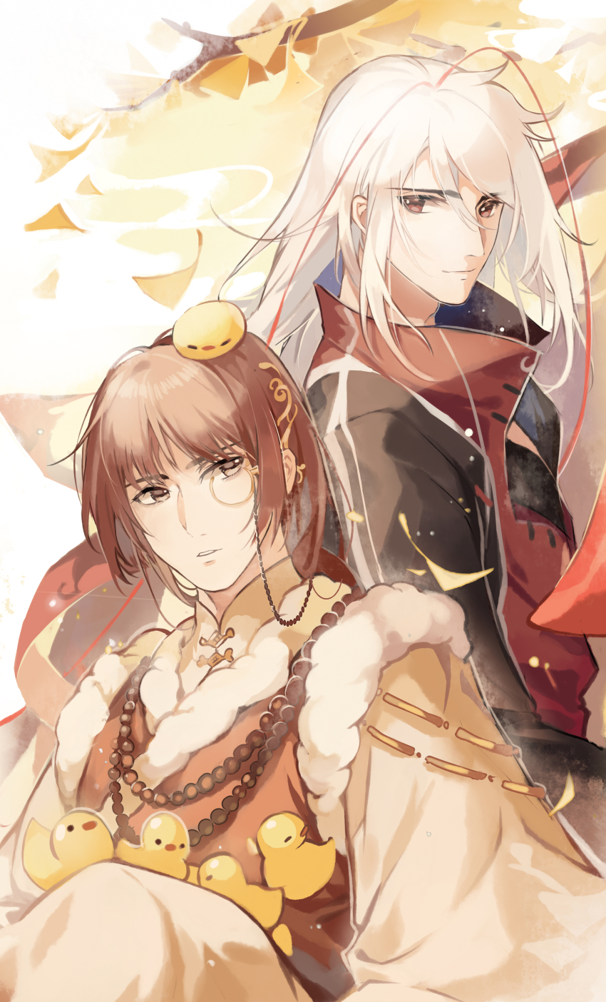 2boys, absurdres, animal, animal_on_head, animal_on_lap, antennae, bead_necklace, beads