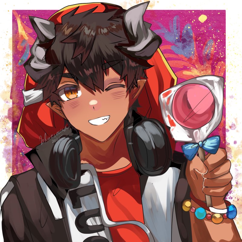 1boy, ;d, arknights, beads, black_hair, black_jacket, blue_sealad, blush