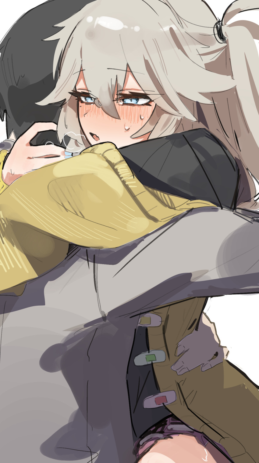 1boy, 1girl, bandaid, black_hair, black_shirt, blue_eyes, blush, cardigan