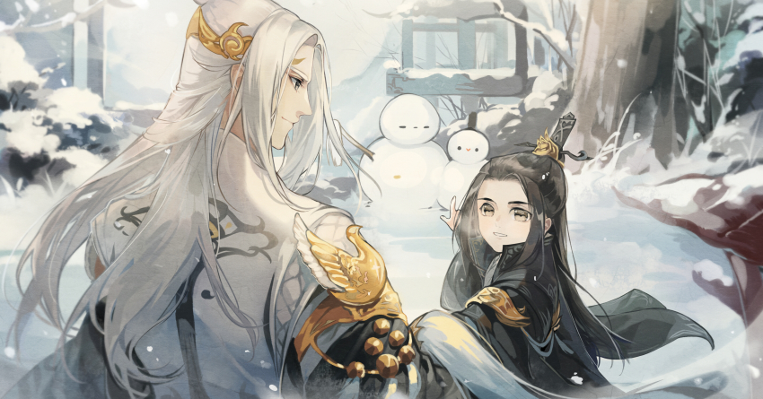 2boys, absurdres, age_difference, black_eyes, black_hair, black_hanfu, black_robe, bush