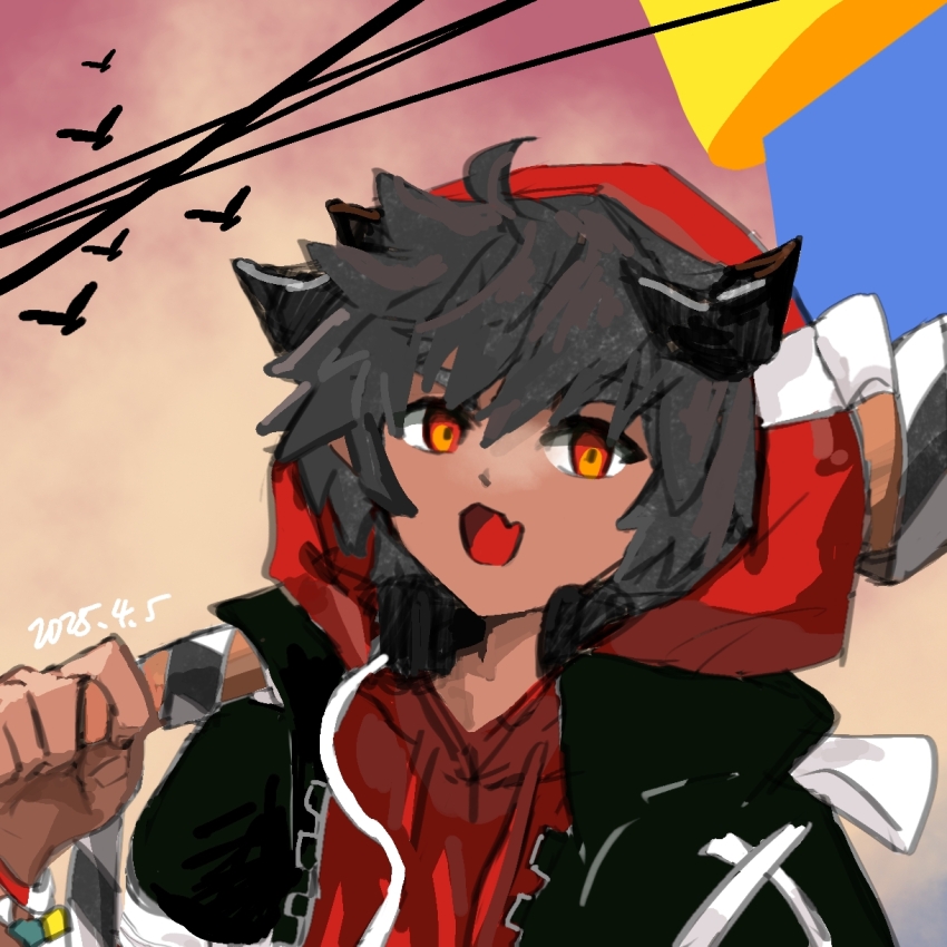 1boy, :3, arknights, baseball_bat, beads, black_hair, black_jacket, cable