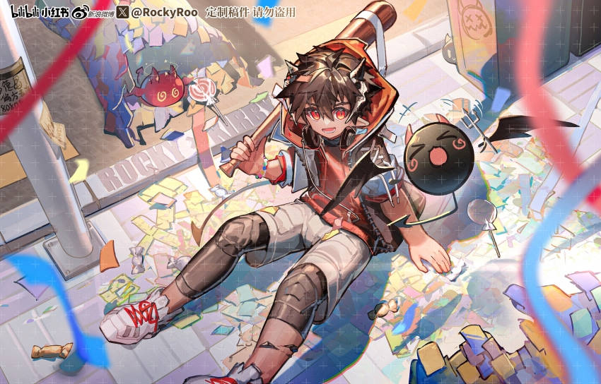 1boy, ;d, arknights, arrow_(symbol), baseball_bat, beads, black_hair, black_jacket