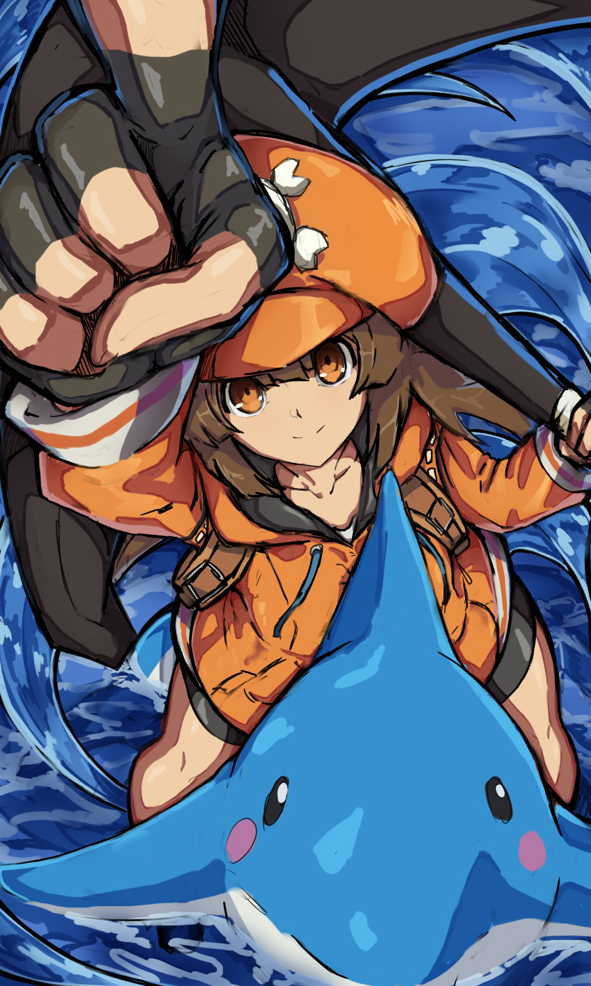 1girl, absurdres, anchor, arm_up, bike_shorts, black_gloves, black_shorts, brown_hair, closed_mouth, fingerless_gloves, gloves, guilty_gear, guilty_gear_strive, hat, highres, holding, holding_anchor, hood, hoodie, index_finger_raised, long_hair, long_sleeves, may_(guilty_gear), mr._dolphin_(guilty_gear), newsboy_cap, orange_eyes, orange_hat, orange_hoodie, perrone405, shorts, smile