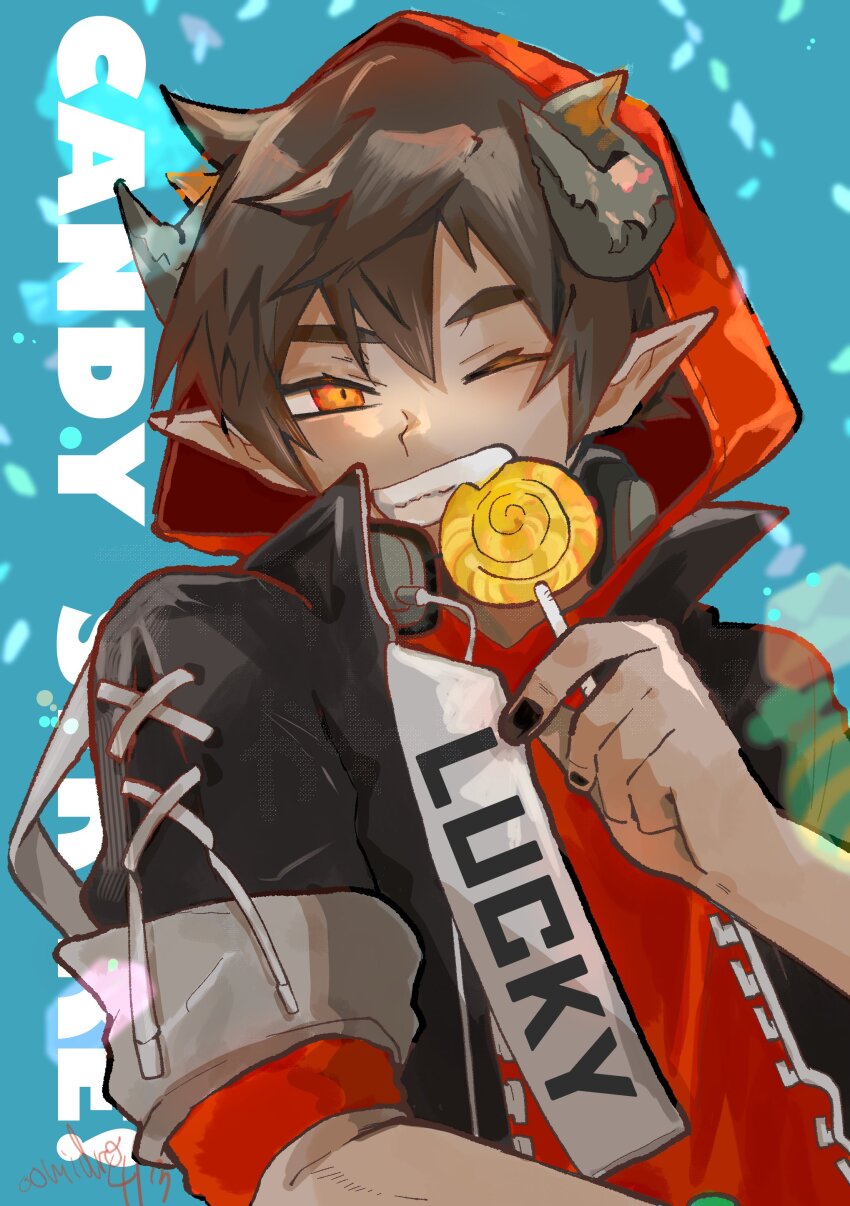 1boy, ;d, absurdres, arknights, black_hair, black_jacket, black_nails, candy, dark-skinned_male, dark_skin, demon_boy, demon_horns, fang, food, grin, headphones, headphones_around_neck, highres, holding, holding_candy, holding_food, holding_lollipop, hood, hoodie, horns, jacket, komidoro, lollipop, male_focus, odda_(arknights), odda_(candy_strike)_(arknights), one_eye_closed, open_clothes, open_jacket, open_mouth, pointy_ears, red_hoodie, smile, teeth, watermark