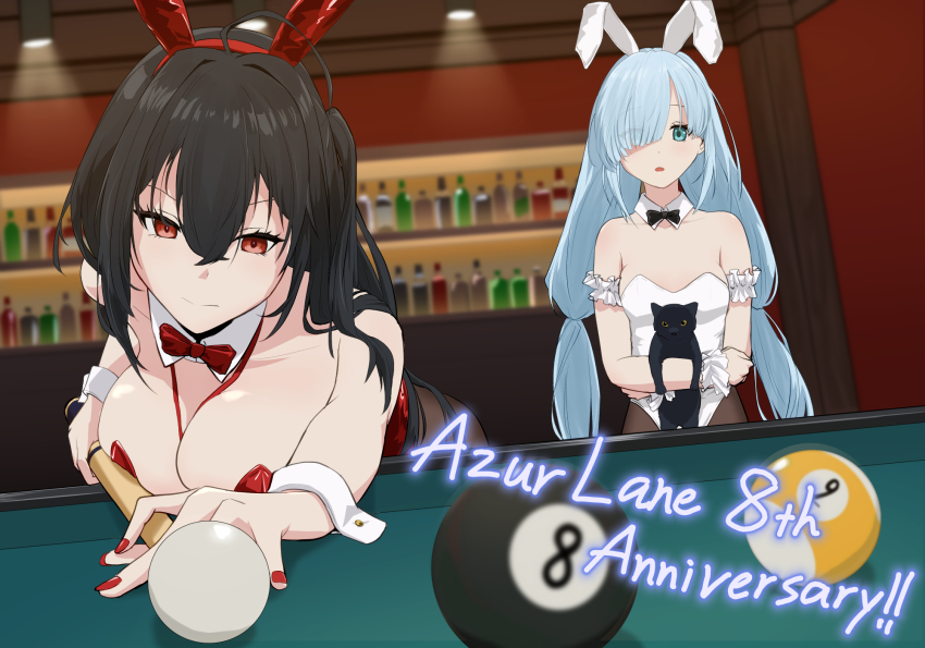 2girls, 8-ball, animal, animal_ear_hairband, animal_ears, anniversary, azur_lane, ball
