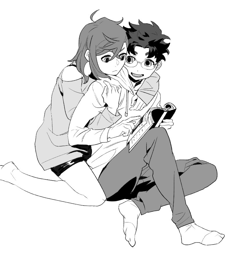 1boy, 1girl, arm_around_neck, ayase_momo, bare_legs, bare_shoulders, book, closed_mouth