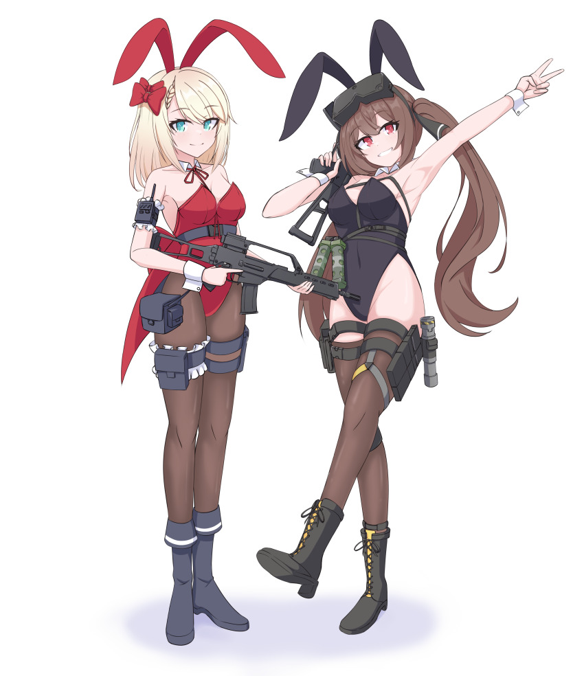 2girls, absurdres, animal_ears, arm_behind_back, armpits, assault_rifle, bare_shoulders, black_leotard