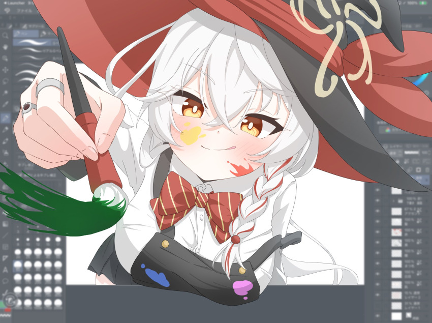 apron, blue_archive, blush_stickers, bow, bowtie, braid, eri_(blue_archive), glglmop, halo, hat, highres, holding, holding_paintbrush, jewelry, long_hair, orange_eyes, paint_on_clothes, paint_splatter, paint_splatter_on_face, paintbrush, photoshop_(program), ring, shirt, skirt, sweater, through_medium, through_screen, tongue, tongue_out, white_hair, witch_hat
