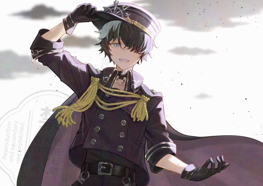 1boy, aiguillette, belt, belt_buckle, black_belt, black_cape, black_collar, black_gloves