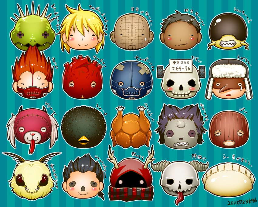 2011, anger_vein, asu_(dorohedoro), balaclava, bauks, bird, black_hair, blonde_hair, blush, blush_stickers, caiman_(dorohedoro), character_request, chibi, chicken, chidaruma, chota, dark_skin, dated, demon, dokuga, dorohedoro, dumpling, ebisu_(dorohedoro), en_(dorohedoro), fangs, food, fujita_(dorohedoro), fukuyuma, gyoza_man, haru_(dorohedoro), hat, horns, jiaozi, johnson_(dorohedoro), kasukabe_(dorohedoro), kawajiri, kikurage_(dorohedoro), mask, multiple_boys, multiple_girls, nikaidou_(dorohedoro), noi_(dorohedoro), orange_hair, red_hair, scarf, sharp_teeth, shin_(dorohedoro), smile, teeth, tongue, tongue_out, turkey_(dorohedoro)