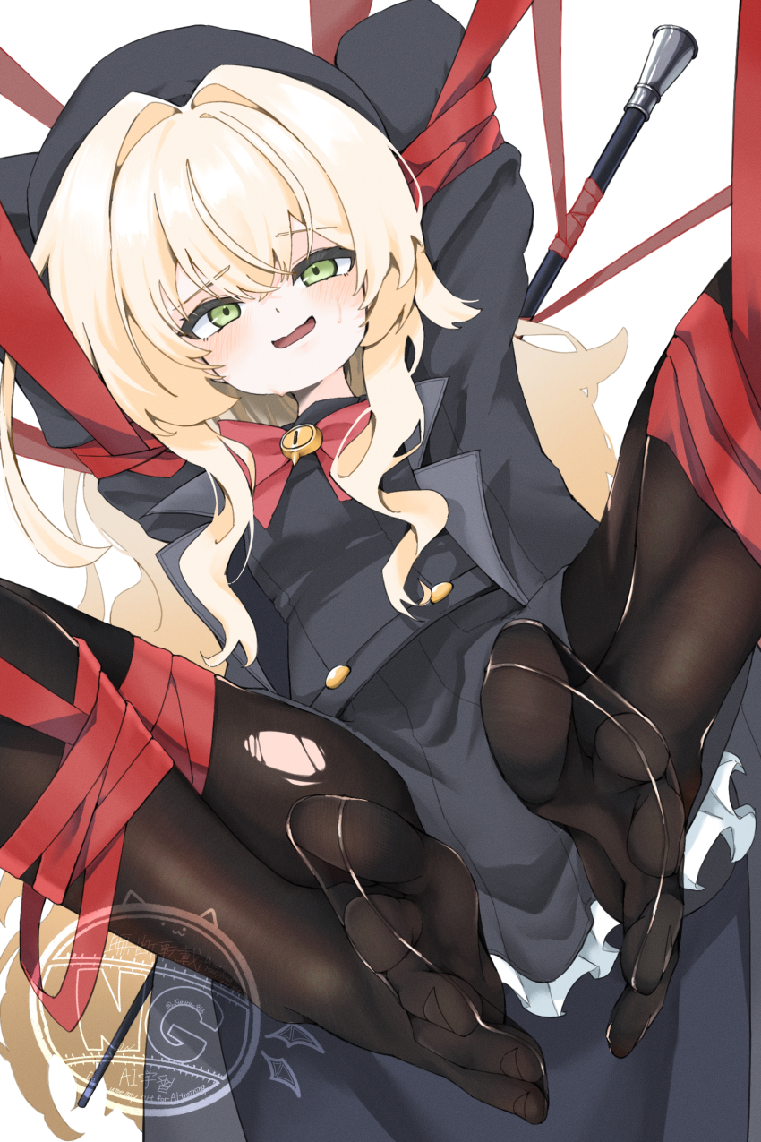 1girl, 966_kururu_966, absurdres, arms_behind_head, beret, black_coat, black_hat, black_pantyhose