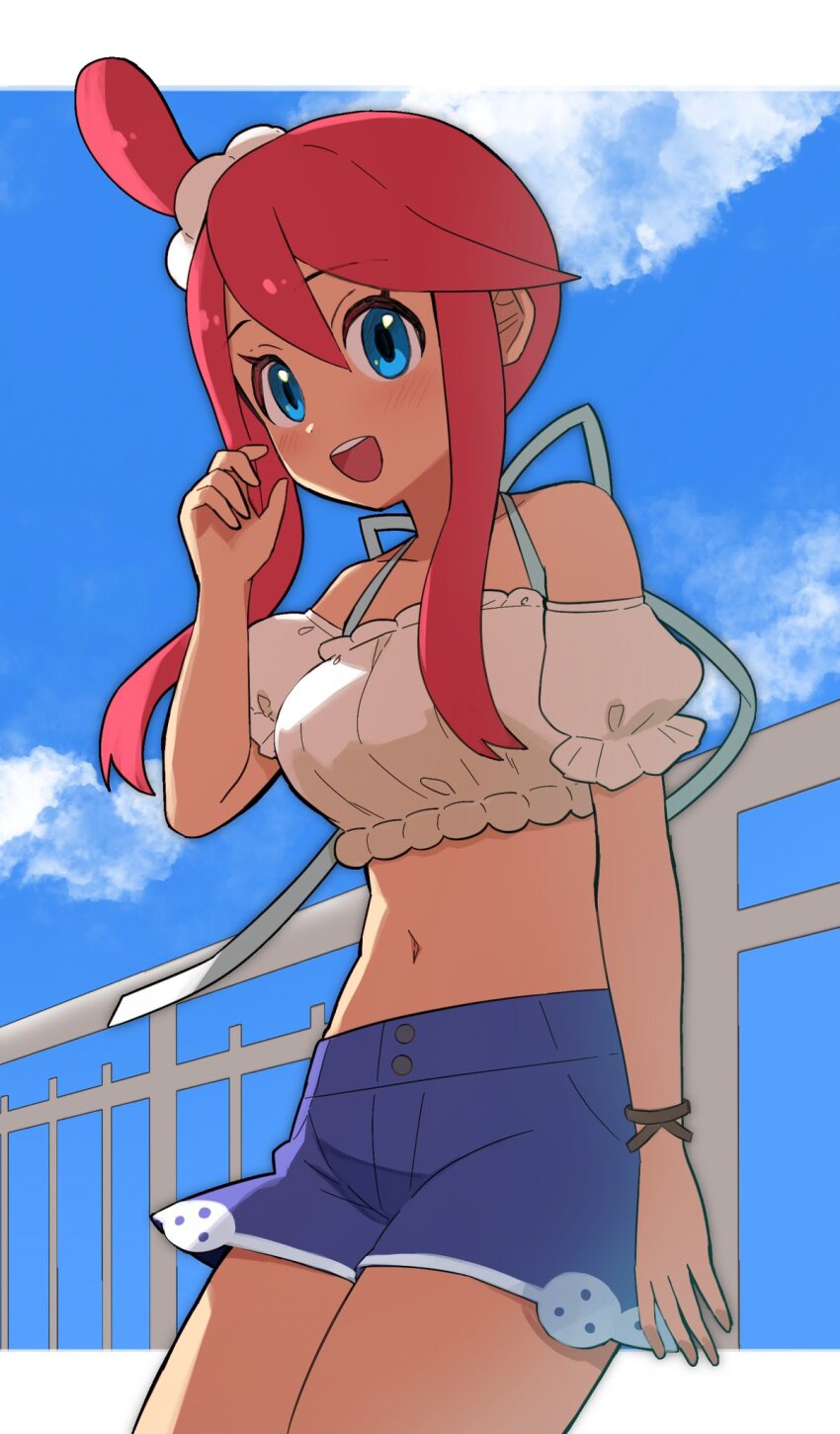 1girl, :d, against_fence, blue_eyes, blue_shorts, blush, bracelet, cloud