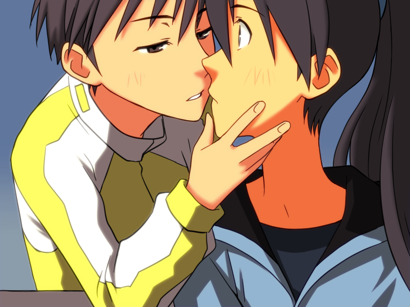 2girls, alternate_costume, androgynous, black_hair, blush, butch/femme_couple, ganaha_hibiki, idolmaster, idolmaster_(classic), imminent_kiss, kikuchi_makoto, kiss, multiple_girls, ponytail, raglan_sleeves, reverse_trap, seiran_kai, short_hair, tomboy, yuri