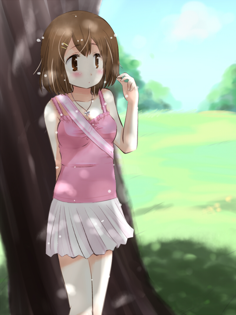 1girl, bad_id, bad_pixiv_id, blush, brown_eyes, brown_hair, casual, dappled_sunlight