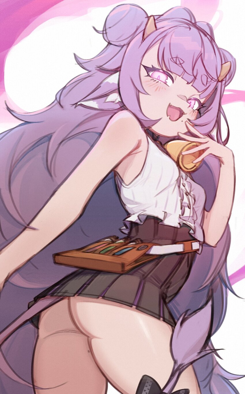 1girl, animal_ears, ass, bare_shoulders, blush, bottomless, bow, chachironi3, cow_ears, cow_tail, double_bun, fang, from_behind, from_below, hair_bun, highres, horns, looking_at_viewer, mole, muu_muyu, neck_bell, phase_connect, pink_eyes, purple_hair, shirt, skin_fang, sleeveless, sleeveless_shirt, solo, tail, underbutt, upskirt, virtual_youtuber