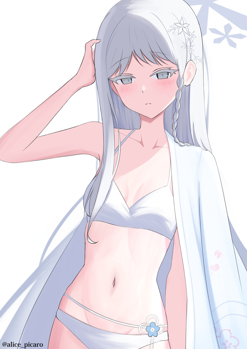 1girl, absurdres, adjusting_hair, alice_picaro, armpits, backlighting, bikini, blue_archive