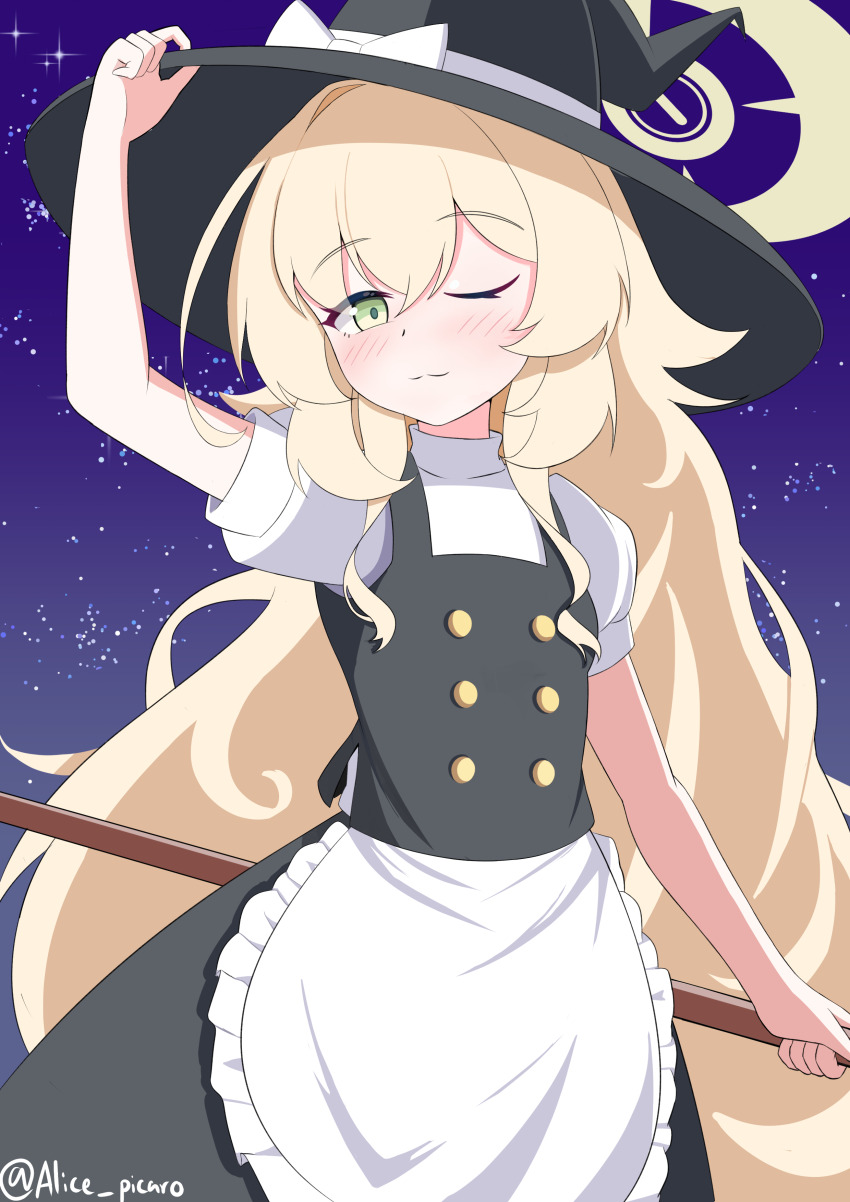 1girl, ;), absurdres, adjusting_clothes, adjusting_headwear, alice_picaro, alternate_costume, apron