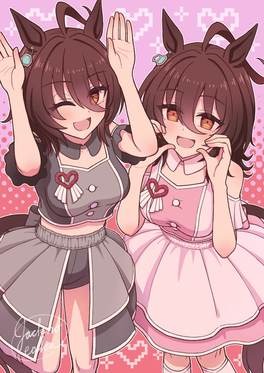 1girl, 2girls, absurdres, agnes_tachyon_(umamusume), ahoge, alternate_costume, animal_ears, brown_hair