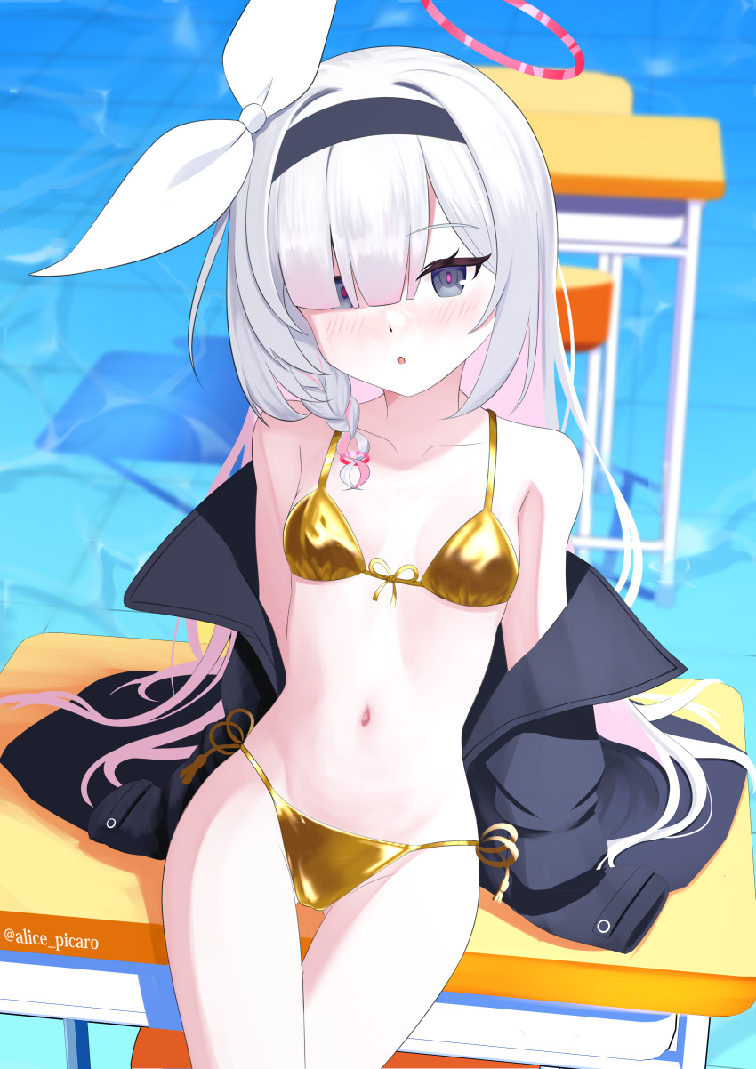 1girl, :o, absurdres, alice_picaro, alternate_costume, bare_shoulders, bikini, black_coat, black_eyes, black_hairband, blue_archive, blunt_bangs, blurry, blush, braid, braided_sidelock, breasts, chair, classroom, cleavage, coat, collarbone, colored_inner_hair, commentary_request, cowboy_shot, depth_of_field, desk, dot_nose, from_above, gluteal_fold, gold_bikini, hair_between_eyes, hair_over_one_eye, hair_ribbon, hairband, halo, highres, loli, long_hair, long_sleeves, looking_at_viewer, multicolored_hair, navel, off_shoulder, open_clothes, open_coat, parted_bangs, parted_lips, pink_hair, plana_(blue_archive), red_halo, red_pupils, ribbon, school_chair, school_desk, side-tie_bikini_bottom, single_braid, sitting, sitting_on_table, small_breasts, solo, stomach, swimsuit, thigh_gap, thighs, two-tone_hair, very_long_hair, water, white_hair