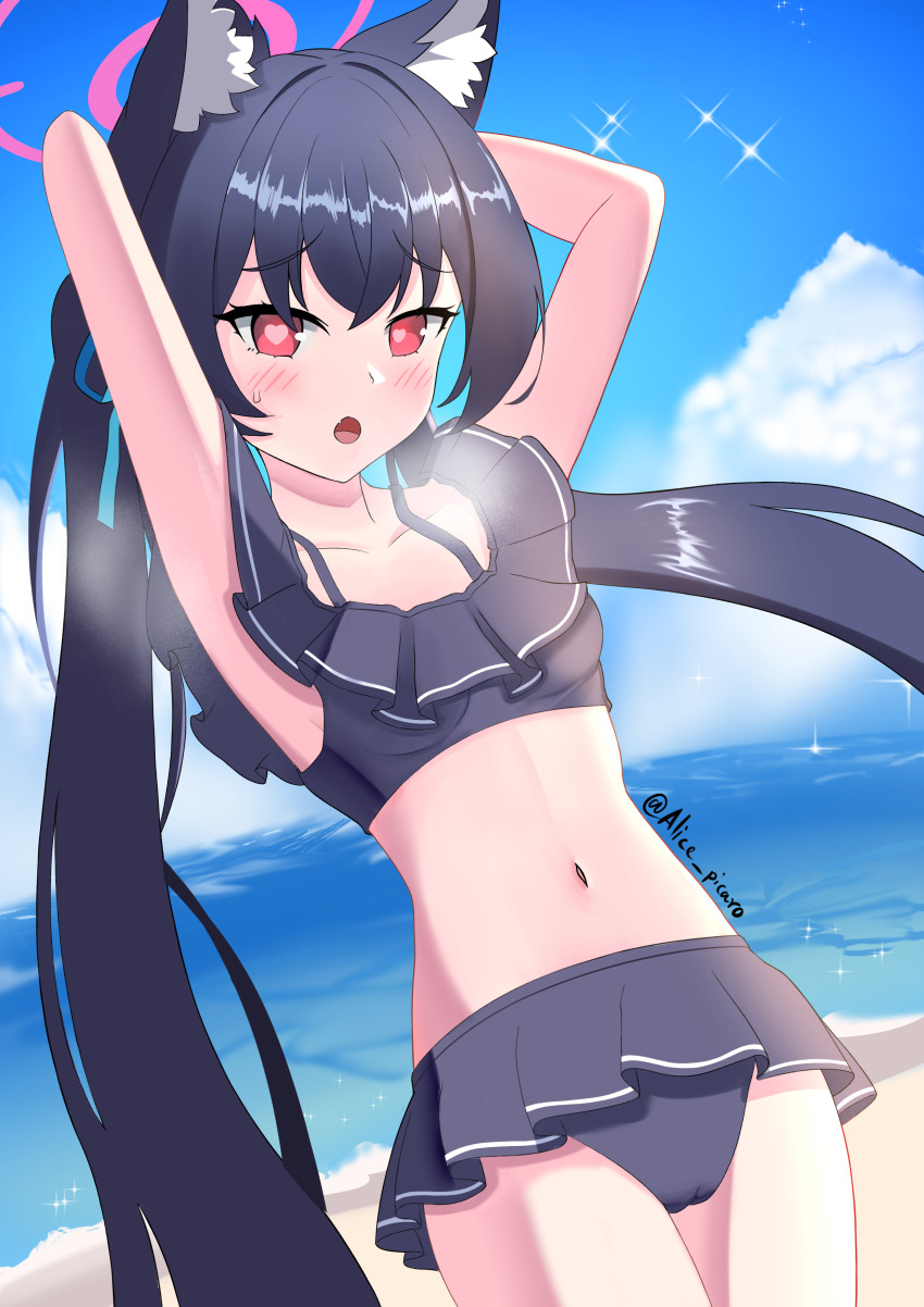 1girl, absurdres, alice_picaro, animal_ear_fluff, animal_ears, armpits, arms_behind_head, beach