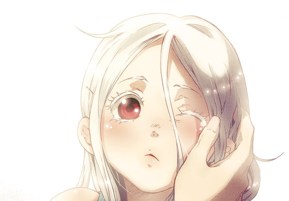 1girl, ahoge, albino, colored_eyelashes, deadman_wonderland, female_focus, long_hair, portrait, red_eyes, rika-tyan, shiro_(deadman_wonderland), solo, tears, white_hair