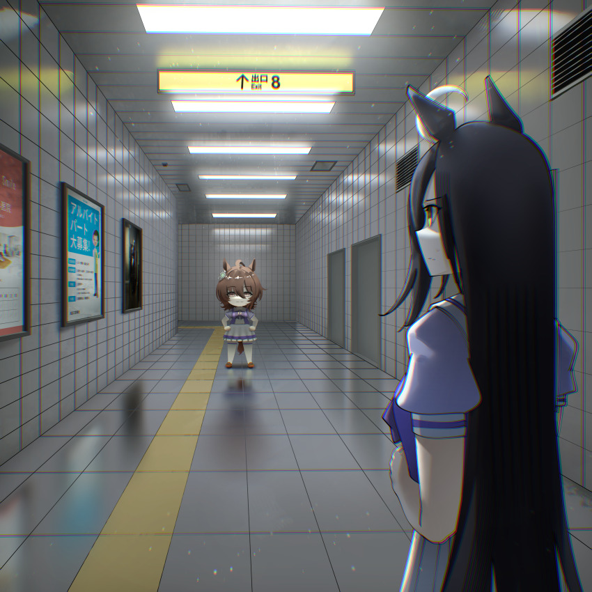 2girls, absurdres, agnes_tachyon_(umamusume), animal_ears, ashenmash, black_hair, ceiling, ceiling_light