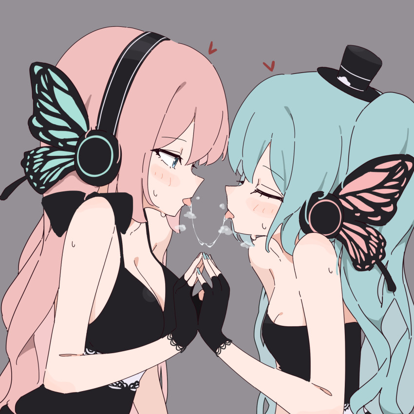 2girls, after_kiss, aqua_hair, aqua_nails, black_gloves, blue_eyes, blush, breasts